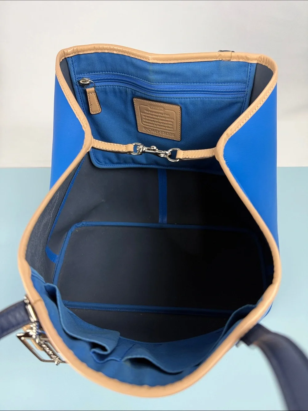 Coach Metro Tote in Blue Leather with Tan Trim